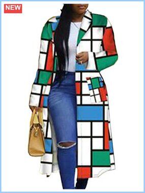 Women's Geometric Print Double Breasted Trench Coat Long Sleeve Turn Down